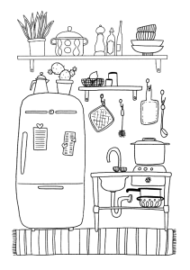 kitchen with a retro fridge free coloring page